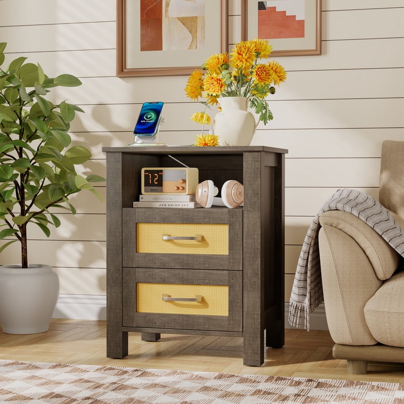 Vineego 1 Piece Rattan Nightstand with Power Outlet, End Table Beside Table with 2 Drawers & 1 Open Shelf for Bedroom Living Room, Gray