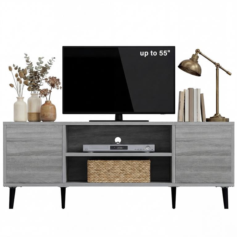 Vineego TV Stand for 55 Inch TV with 2 Push-to-Open Doors, Mid-Century Modern Media Console with Open Shelves, Entertainment Center for Living Room Bedroom, Gray