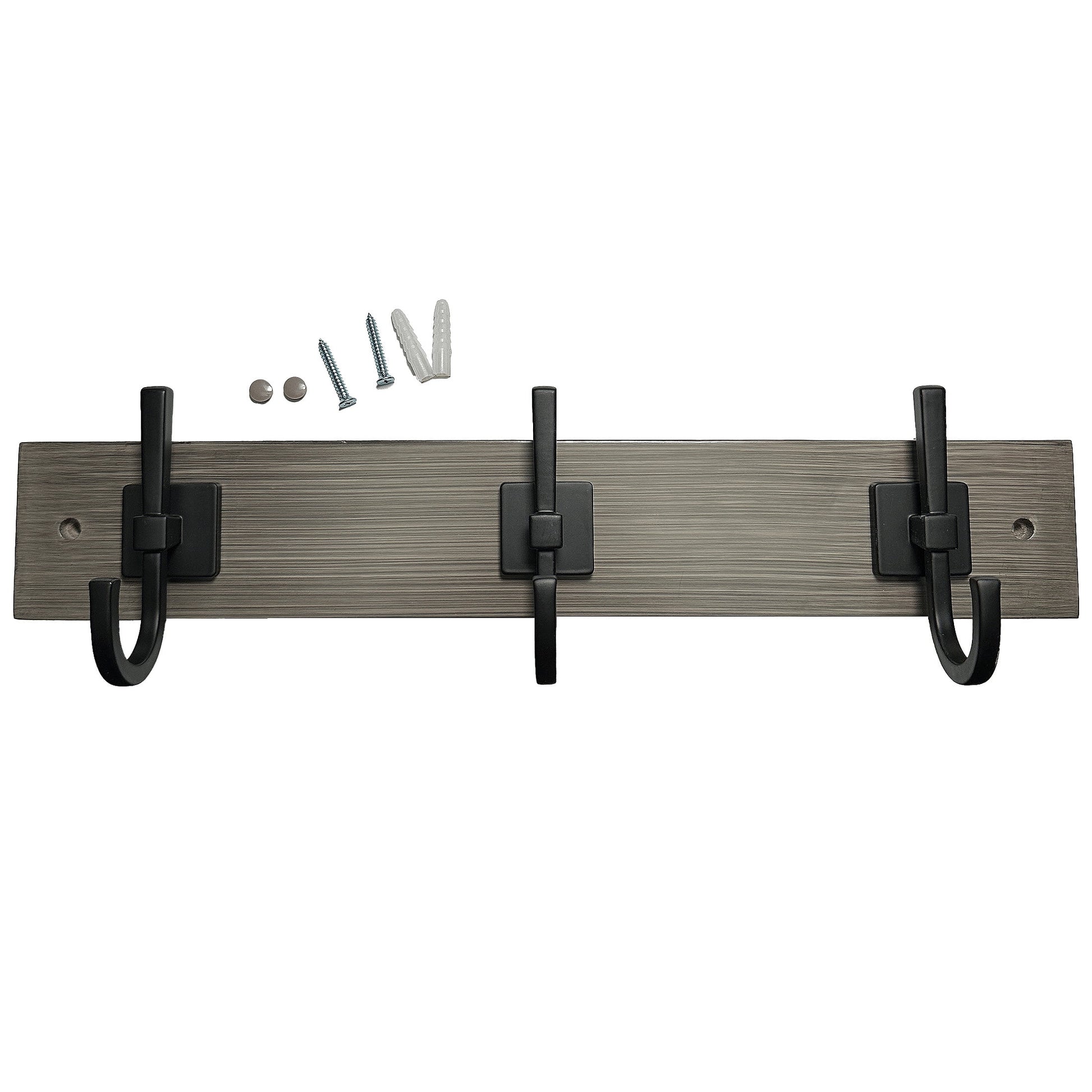 WÃ¼rth 18" Rustic Gray Hook Board with 3 Matte Black Hooks, Interior Wall Hooks
