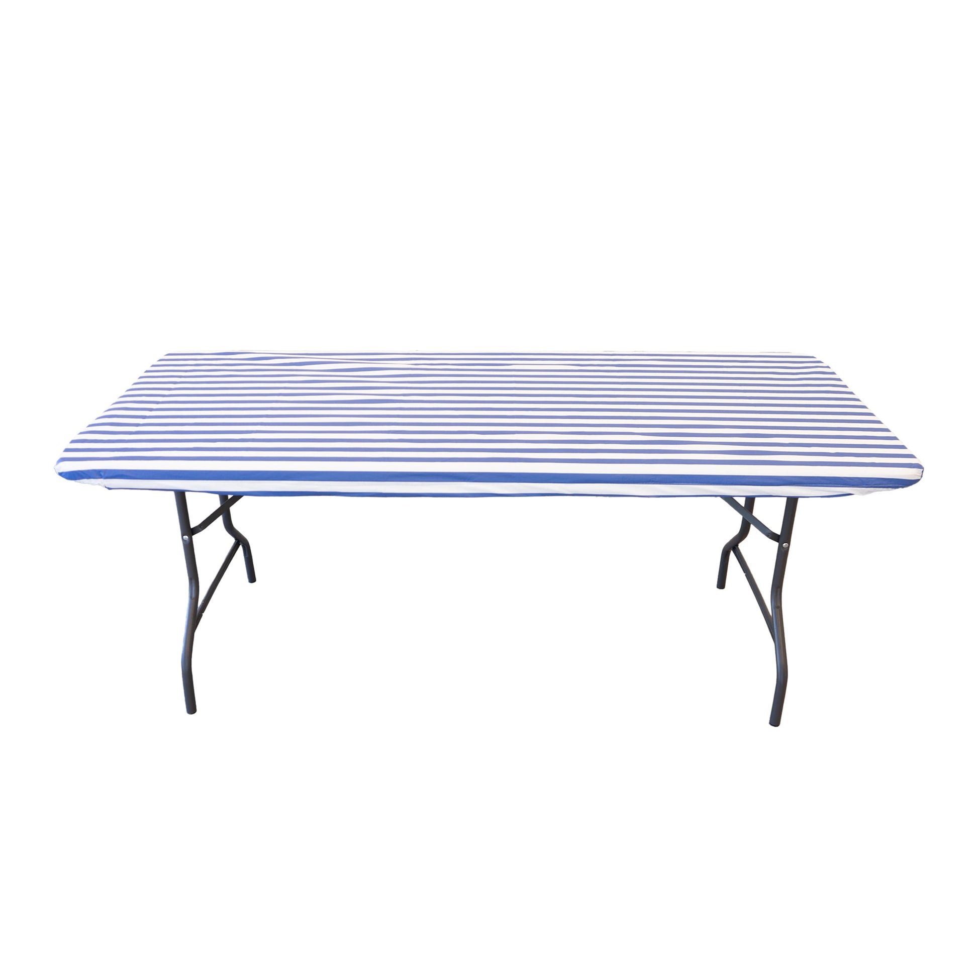 Waverly Inspirations Rectangular Elastic Fitted Table Cover Waterproof Vinyl Tablecloth With Flannel Backing, 6Ft Table, 72" x 30", White/Blue Stripe, 4 PK