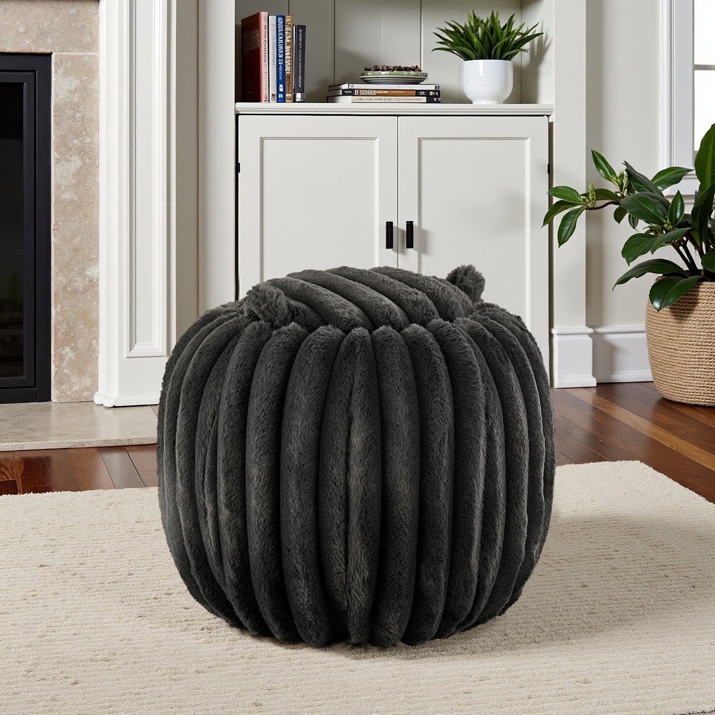 Weston Home Portola Plush Furry Channel Fabric Storage Ottoman, Dark Gray