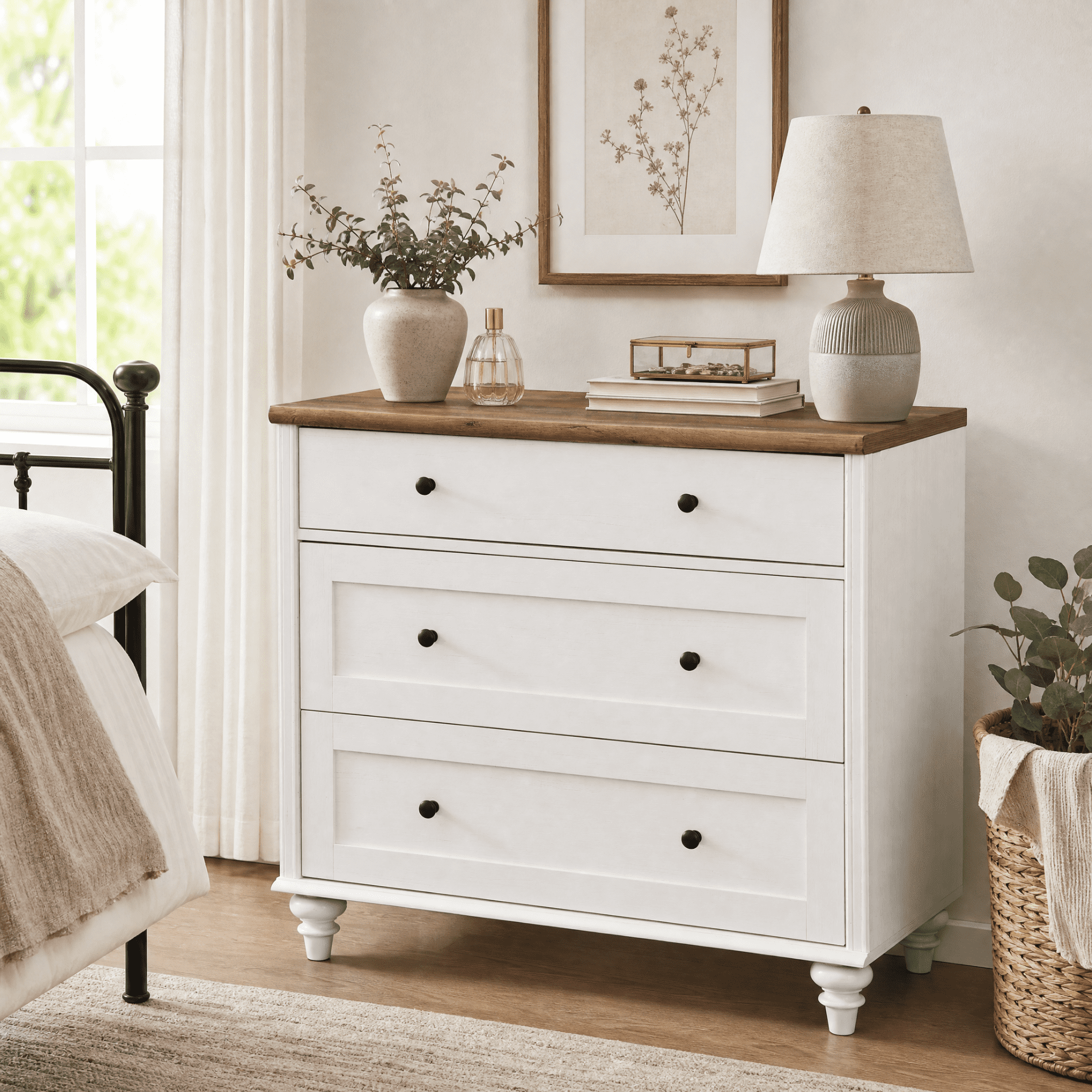 White Dresser Cabinet with 3 Drawers, Mid-Century Modern Wooden Bedroom Closet Storage Organizer, Small Dressers Suitable for Living Room, Nursery, and Hallway, 34"