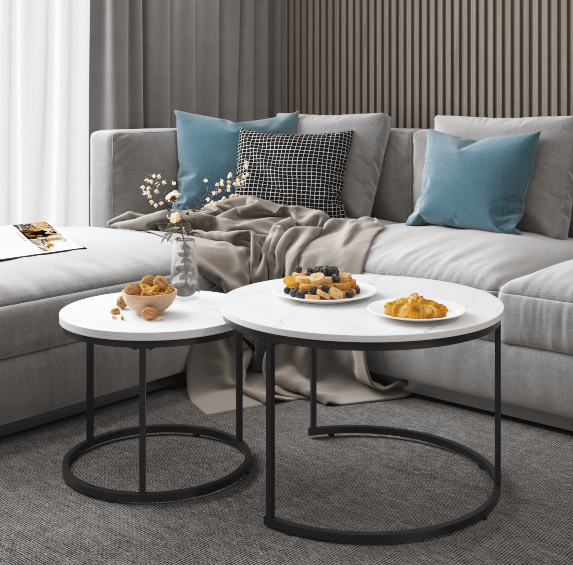Yoneston 27.6" Round Coffee Table Set of 2, Wood Marble Pattern Top with Sturdy Metal Frame for Living Room Bedroom Balcony Yard, White