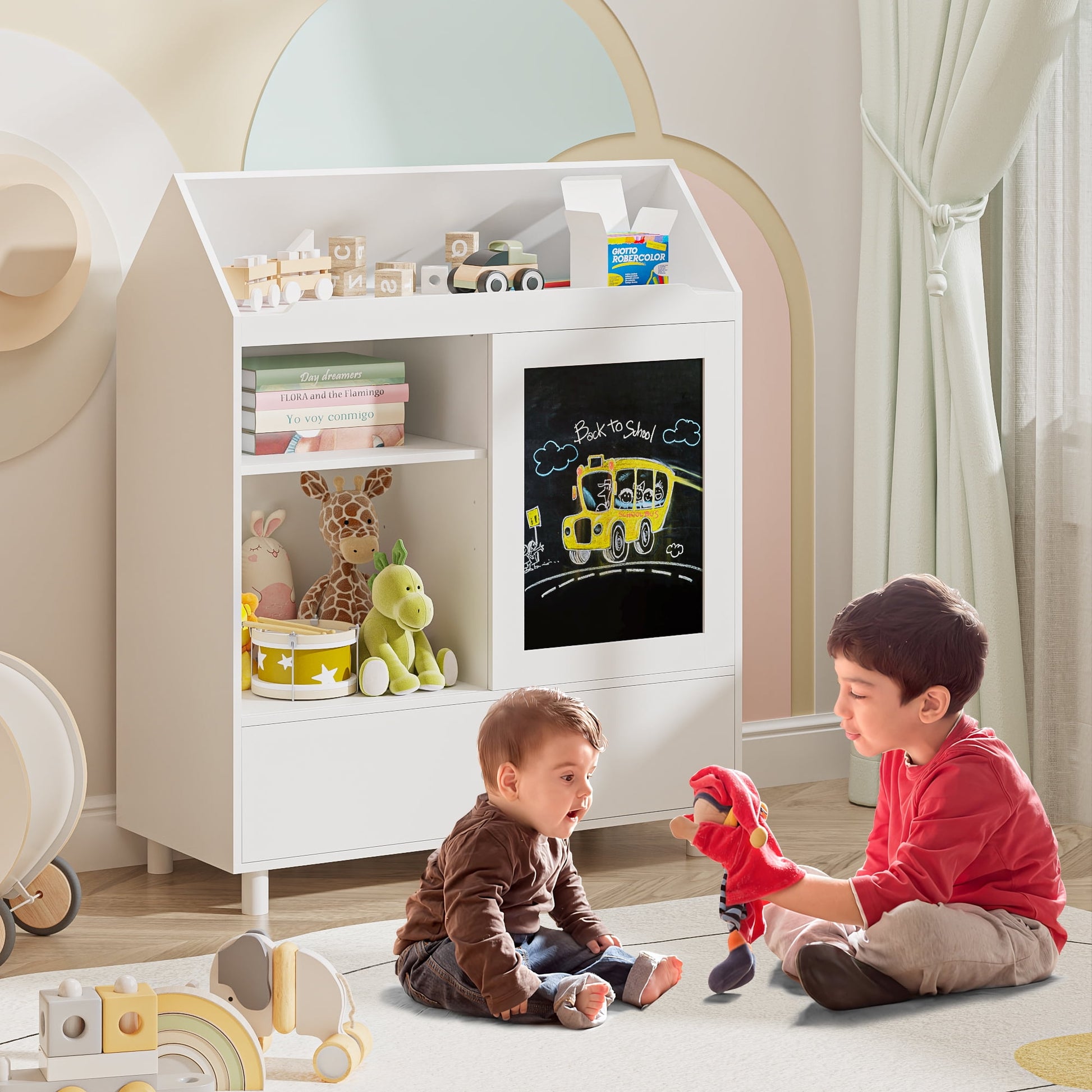 Yoneston Kids Bookcase with Magnetic Blackboard & Storage Drawer, Toddler Toy Organizer Cabinet with Reading Top Area for Playroom Classroom Nursery, White