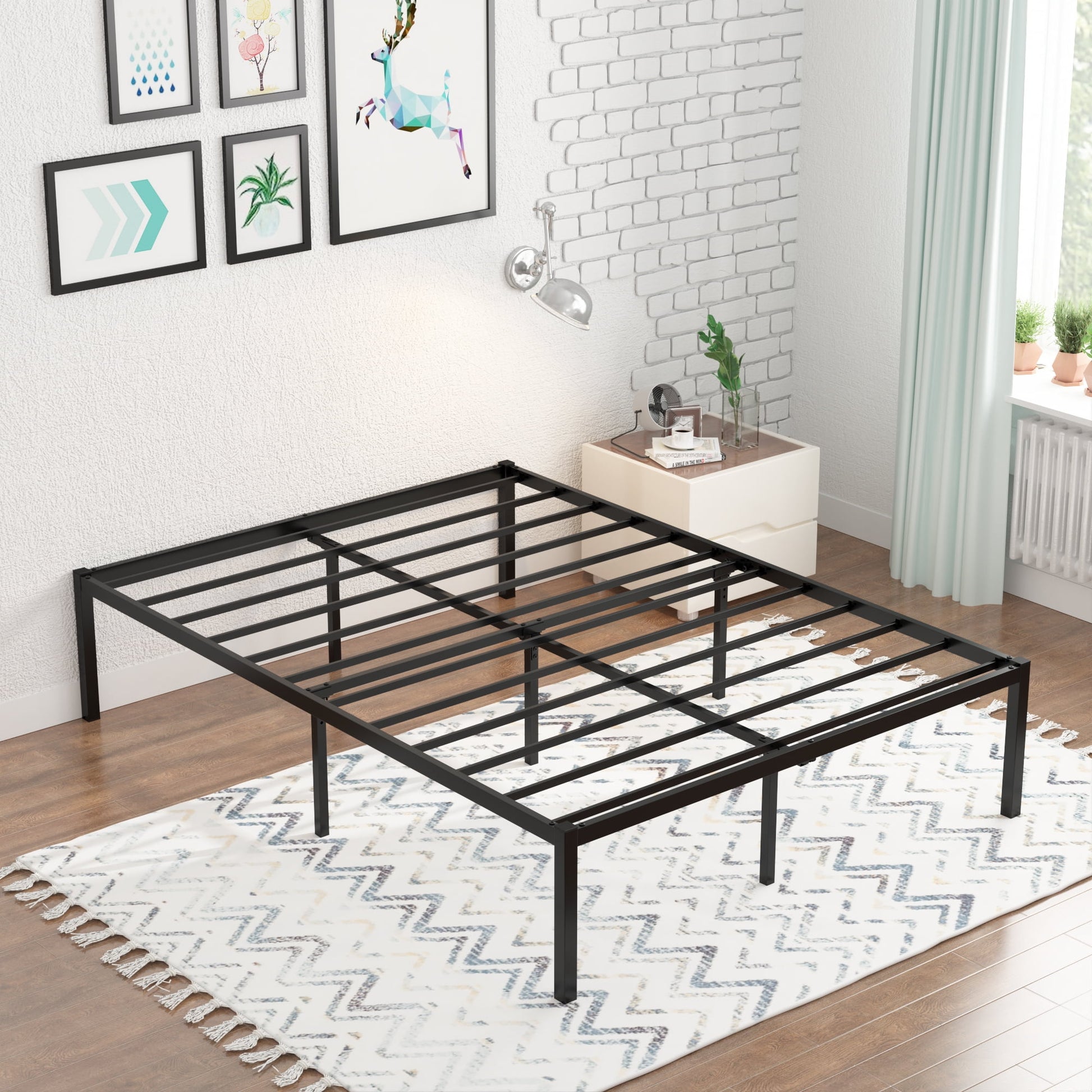 Yoneston Queen Size Metal Bed Frame 18" High Platfrom Beds Frames with Under-Bed Storage, Black