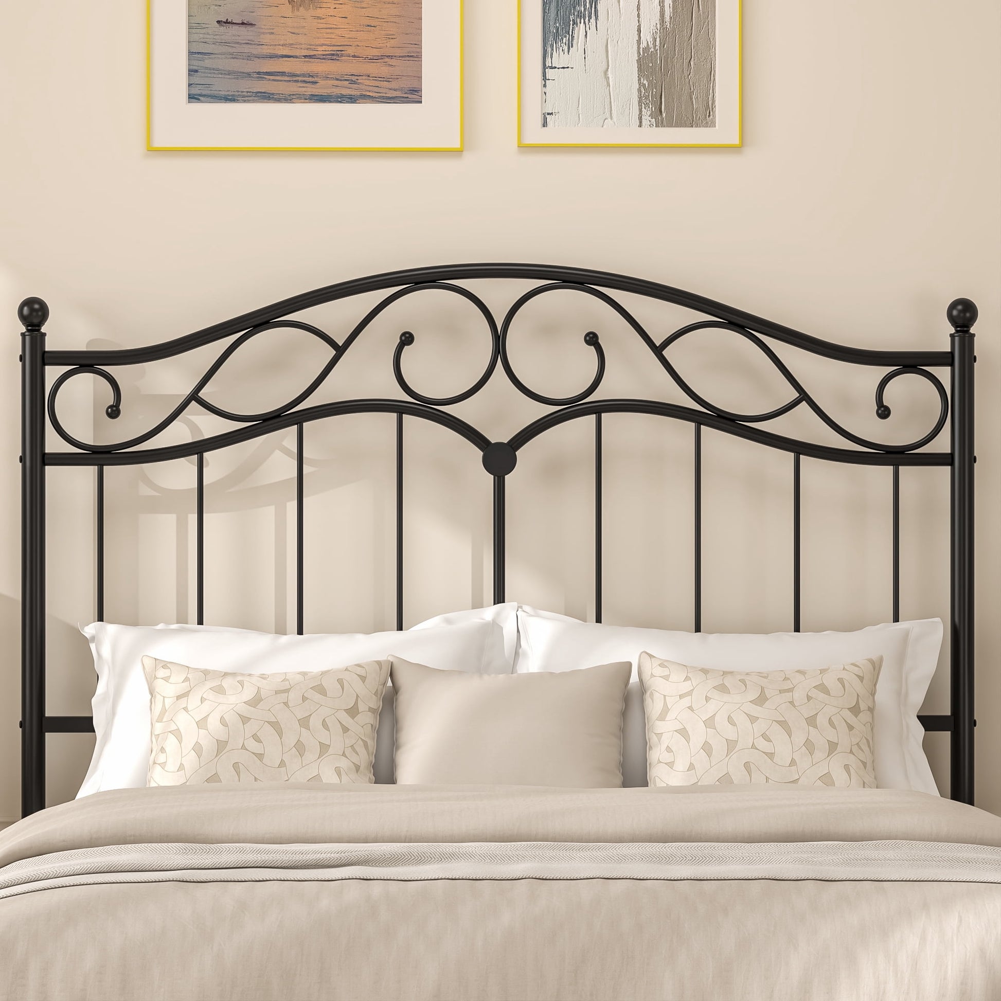Yoneston Retro Sturdy Cute Scrolled Metal Queen Size Headboard with Adjustable Height for Queen Beds, Black