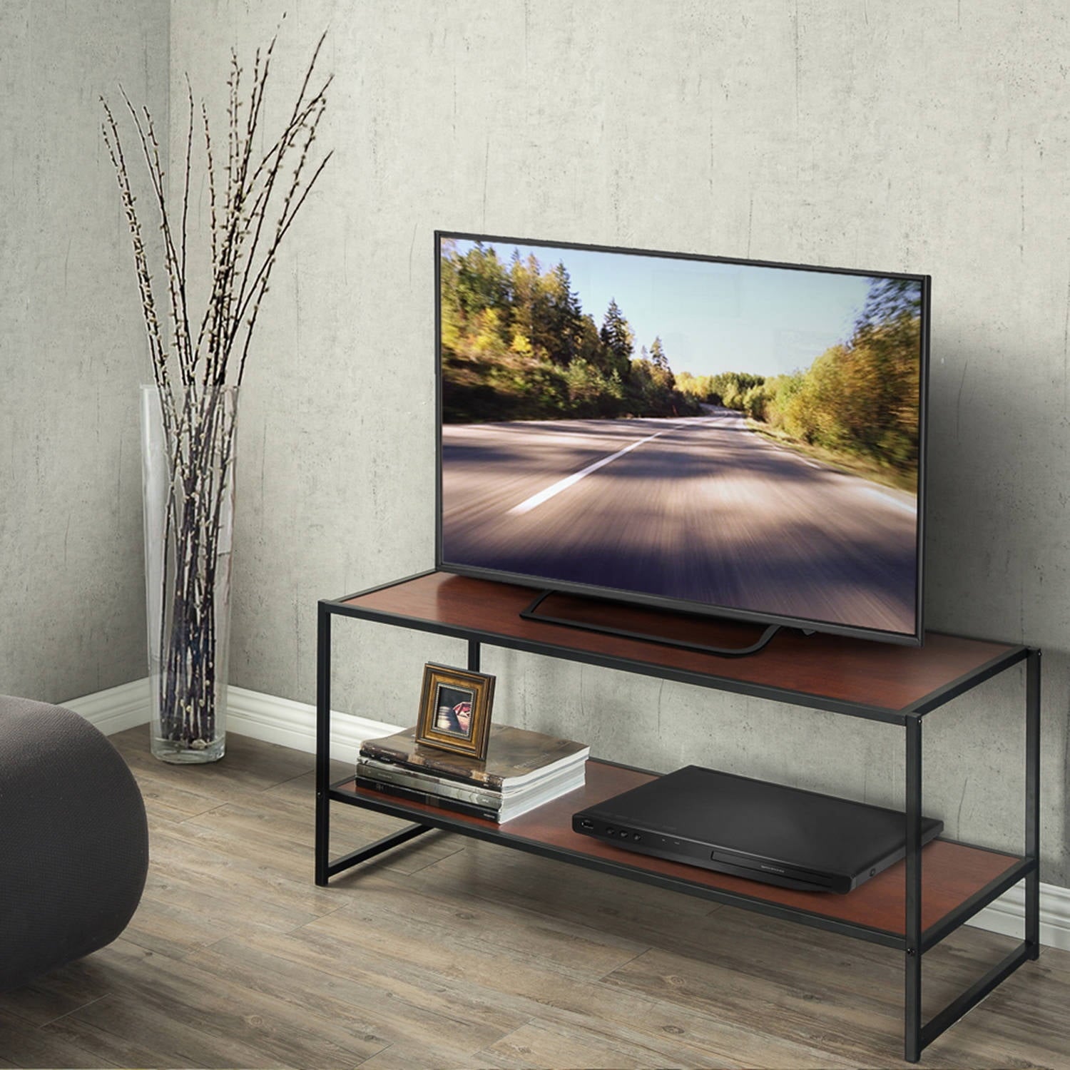 Zinus Garrison 40" Black Metal Frame Media Stand, Red Mahogany Wood Grain