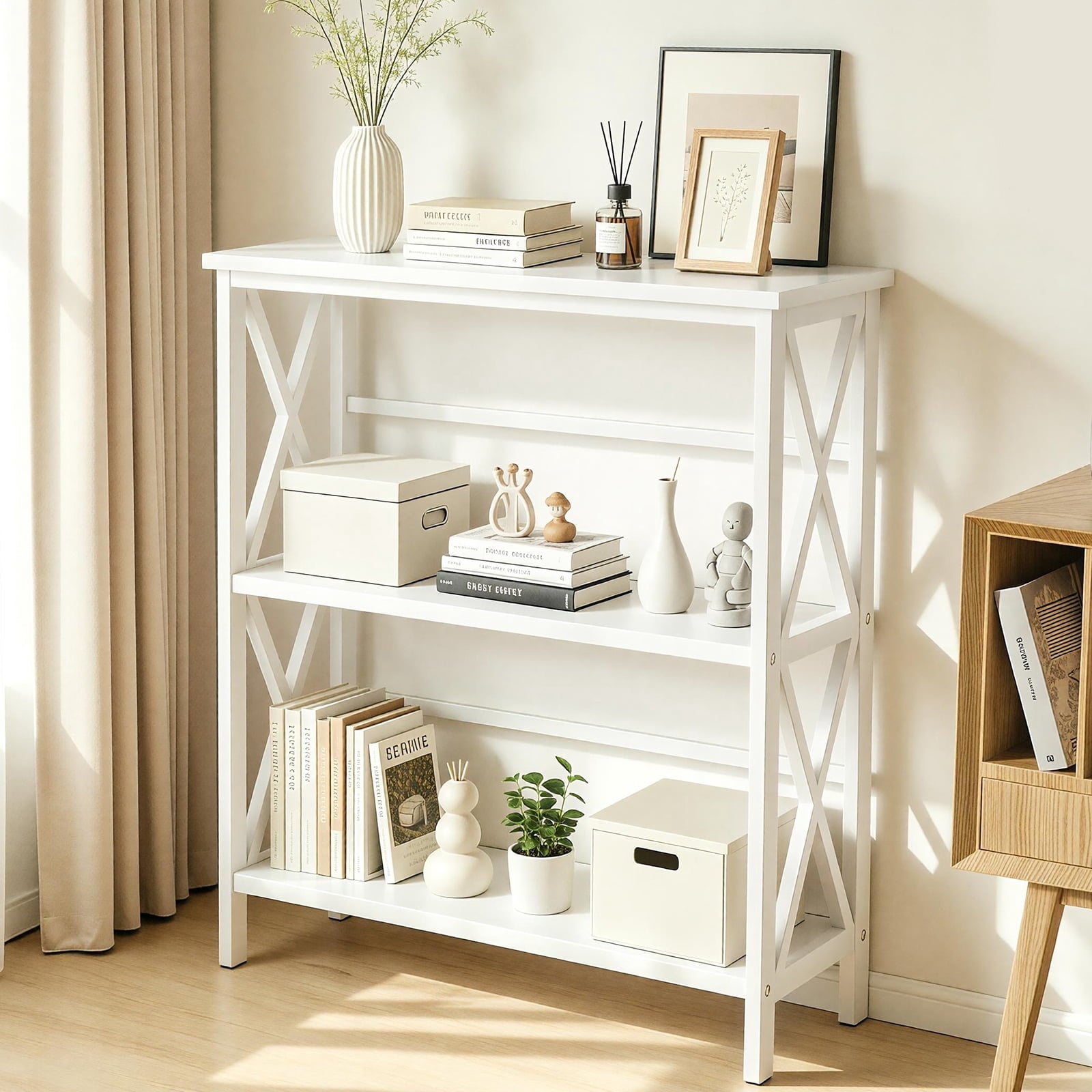 edx 3-Tier Metal Wall Mounted Bookshelf, Drill-Free Open Bookcase for Home Office/Study, Matte Finish Storage Shelves, White