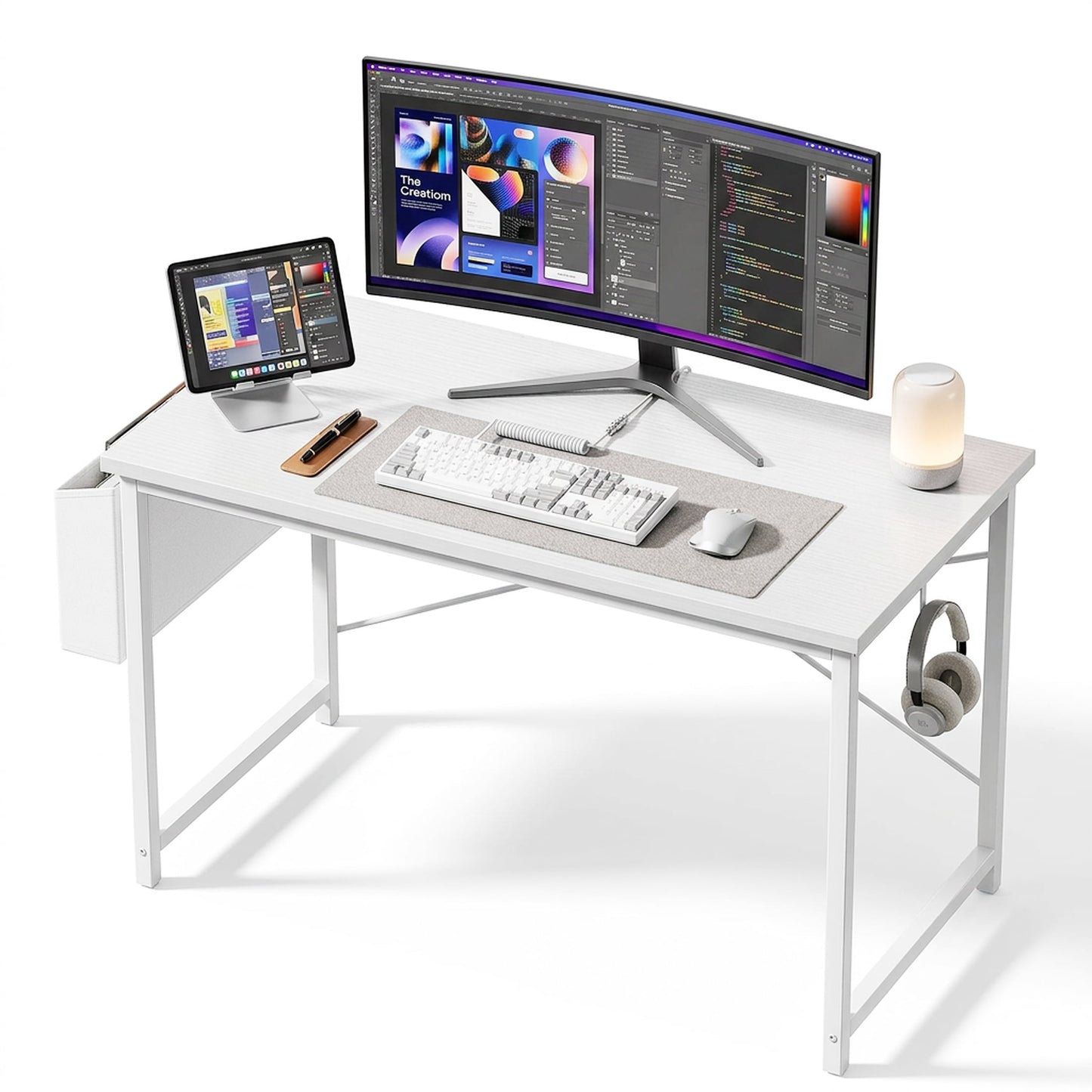 edx 44" Home Office Desk for Small Spaces, Computer Desk with Storage Bag & Hook, Modern Simple Style Study Writing Table for Bedroom, White