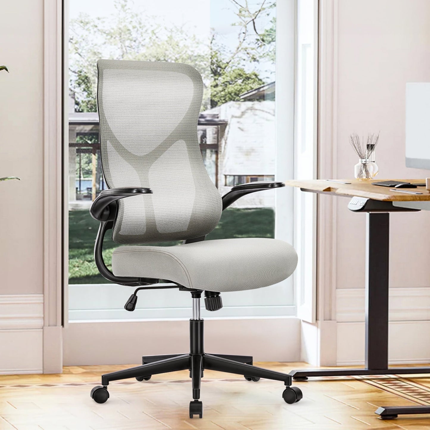edx Office Chair, Ergonomic Home Office Desk Chairs, Computer Chair with Comfortable Armrests, Mesh Desk Chairs with Wheels, Gray