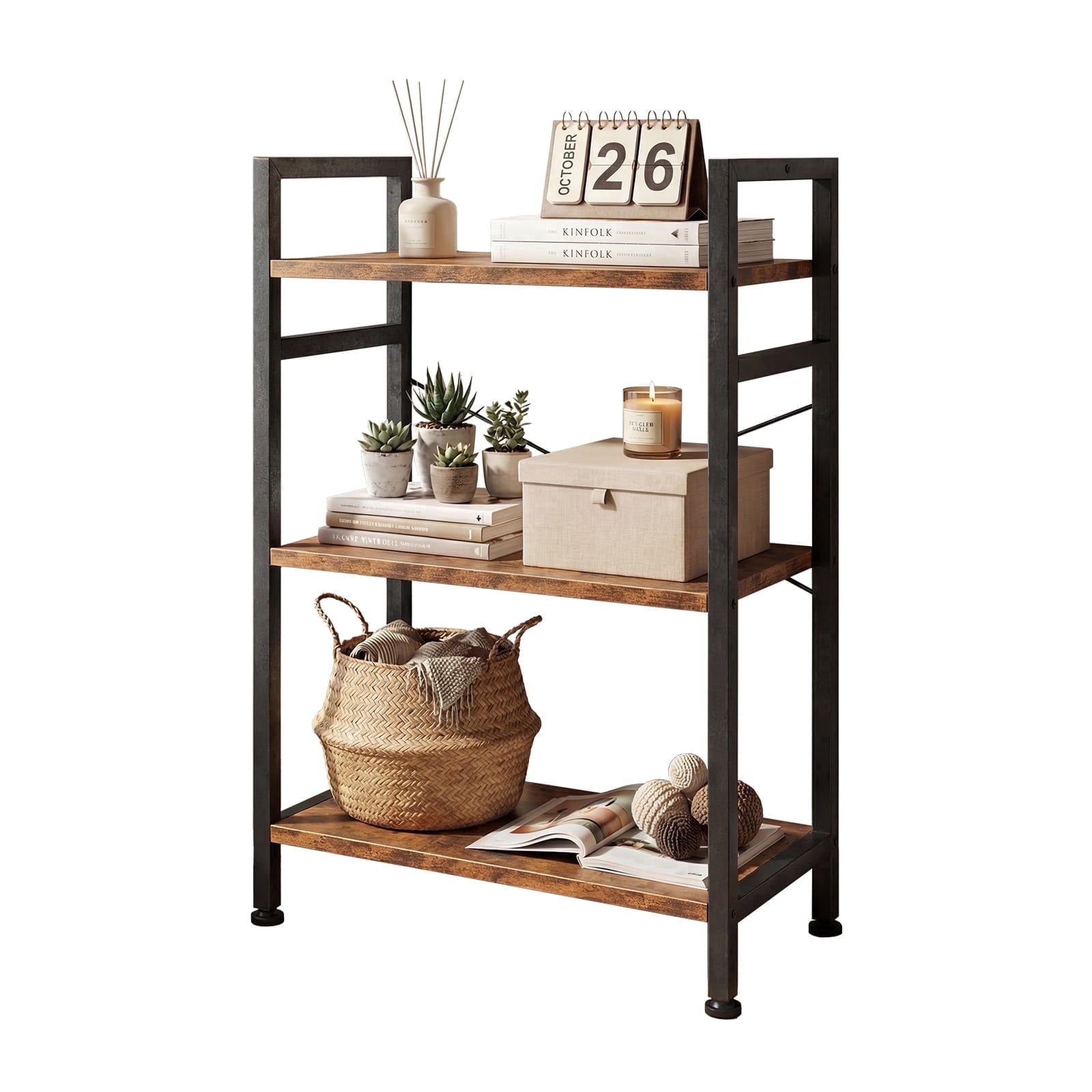 EDX Bookcase, 3 Tier Book Shelf, Storage Shelf, Classic Modern Bookcase for CDs, Movies, Books, Industrial Bookcase for Home Office, Living Room, Kitchen, Bedroom, Rust Brown